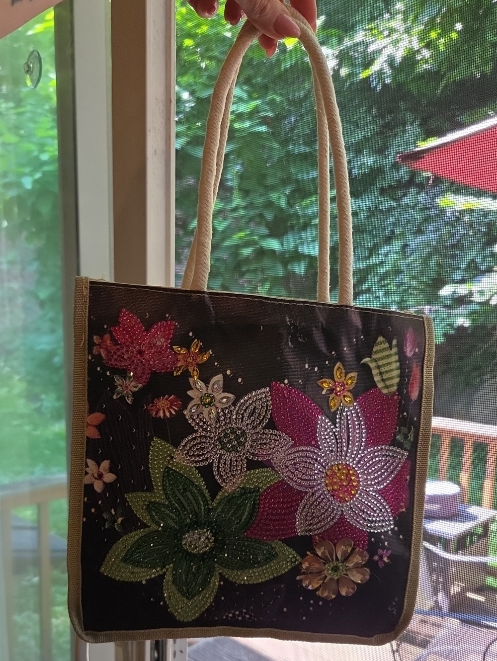 Embellished Floral Tote Bag in Black and Multicolor